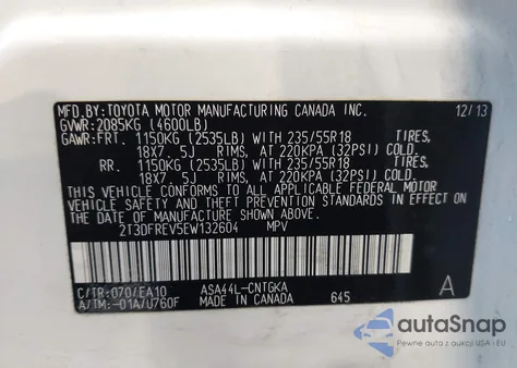 2014 Toyota Rav4 Limited from USA, damaged, VIN 2T3DFREV5EW132604